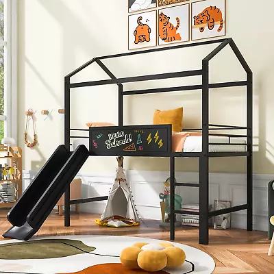 Twin Metal House Bed With Slide & Two-Sided Writable Board - Black • $316.46