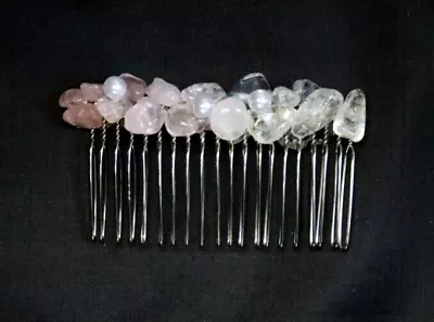 Hair Comb Clip Barrette Sea Glass Pink Rose Quartz White Pearl Handmade 3  X 2  • $8