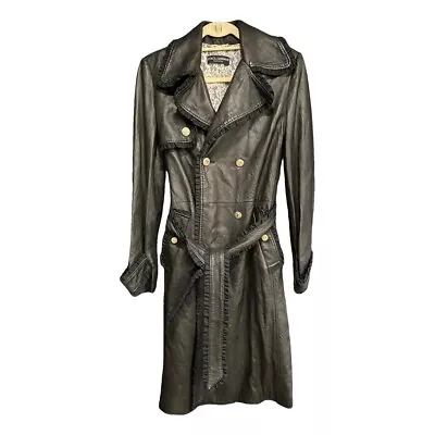 Vintage Dolce & Gabbana Black Leather White Lace Trench Coat Size Small 4 IT 40 • $934.99