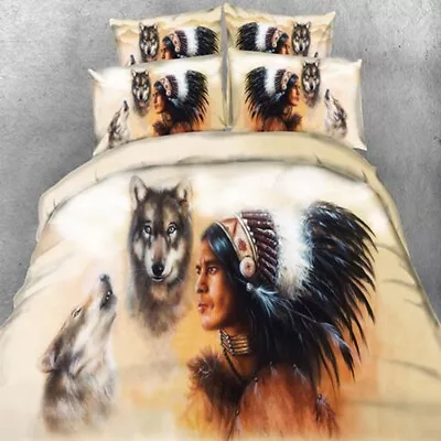 Indian Feather Wolf Quilt Duvet Doona Cover Set Queen/King Size Bed Pillowcases • $34.15