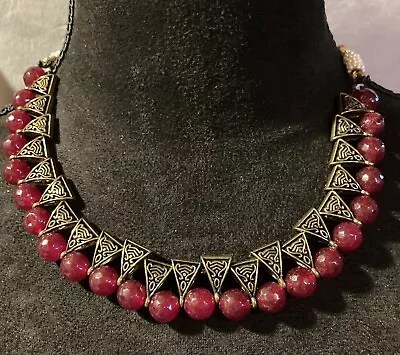 Kudan Bollywood Red Choker Adjustable Wedding Necklace Real Agate On Golden Cord • $59.99