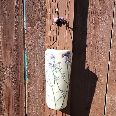 Art Pottery Wall Pocket Embossed Hand Painted Floral Bud Vase 7  Signed D. Kite • $16.95