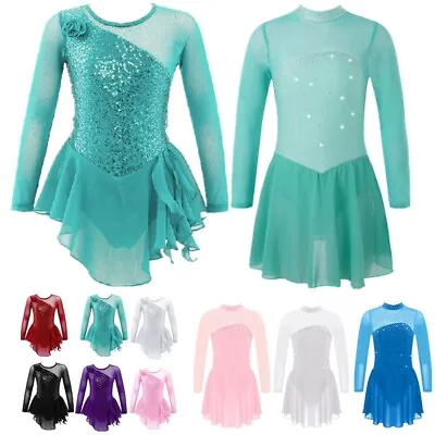 Girls Ice Skating Dress Ballet Dance Leotard Dress Mesh Splice Dancewear Costume • £10