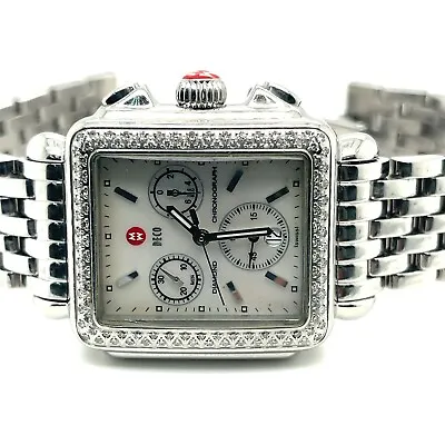 Michele Deco Diamond Chronograph Steel MOP Ladies 33mm Quartz Watch 71-6000 • $750