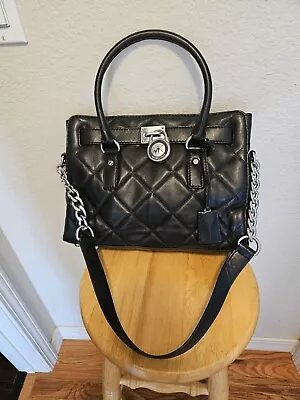 Michael Kors Hamilton Black Quilted Leather Purse Handbag Satchel 2 Straps • $35