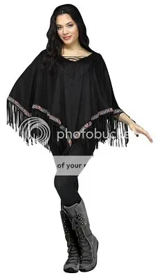 Women Adult Black PONCHO W/ FRINGE Indian Hippie Costume • £25.70