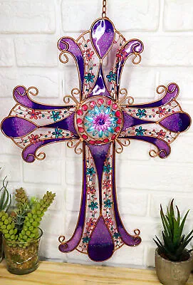 Purple Glitter Stained Glass Gemstones Copper Floral Celtic Cross Wall Decor • $44.99