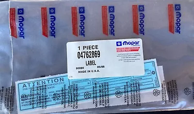 NOS Mopar AMC|Jeep 04762869 A/C R134a Retrofit Modification Label • $10