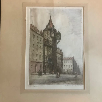 £30 • Buy Robert Herdman-Smith Signed Etching. “The Tollbooth, Edinburgh” Antique Print