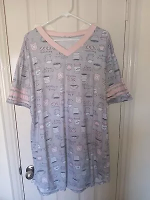 Women’s LARGE Coffee Themed Sleep Shirt Pink & Light Grey Pre-owned  • $10
