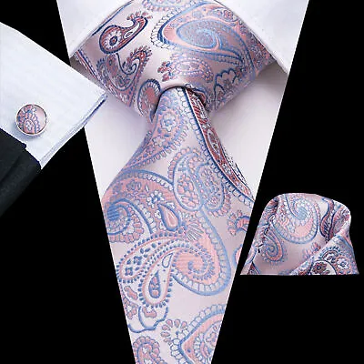 Hi-Tie Mens Ties Satin Plain Paisley Floral Silk Necktie Hankie Cufflinks Set • $12.99