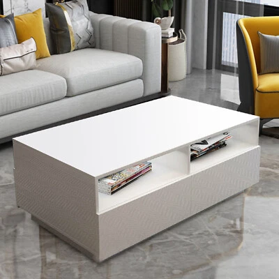 $115 • Buy High Gloss LED Light Coffee Table White 4-Drawers Living Room Table Furniture US