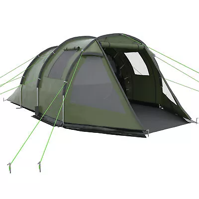 Outsunny 3-4 Persons Tunnel Tent Two Room Camping Tent W/ Windows Green • £90.99