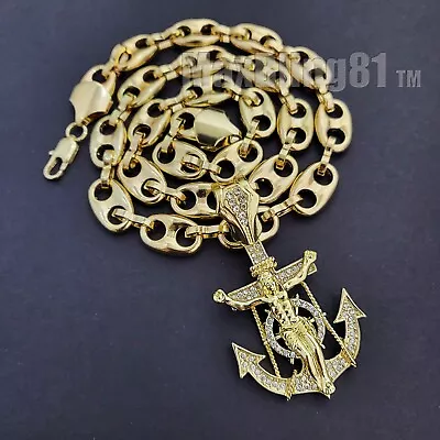 Iced Gold Plated Alloy Cubic Zirconia Jesus Anchor & Bling Marina Chain Necklace • $15.99