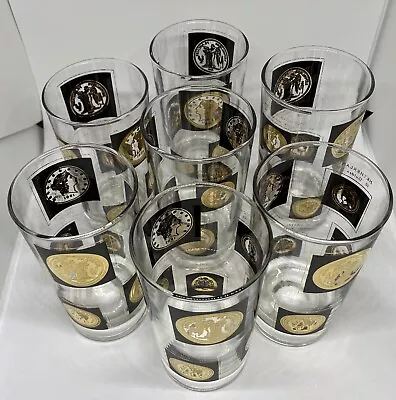 Vintage Coins Of Europe And Usa Black & Gold Mcm Bar Highball Glassware Set Of 7 • $24.99