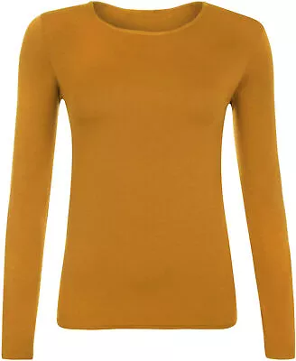 Ladies Plain Tshirt Womans Long Sleeve Scoop Neck T Shirt Top Plus Size Uk 8-26 • £5.49