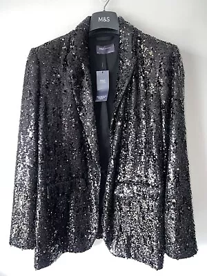 MARKS AND SPENCER TAILORED SEQUIN SINGLE BREASTED BLAZER Black 16 M&S BNWT • £40