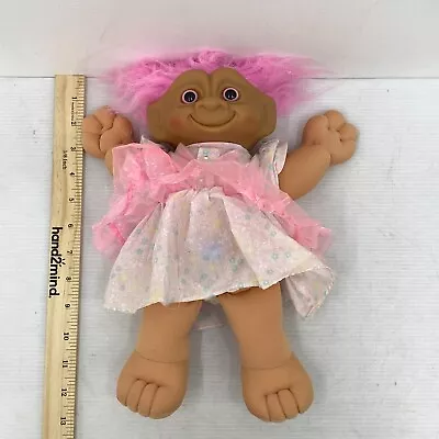 VTG 90s Ace Novelty Rubber Headed Plush Treasure Troll Doll Pink Dress Used • $20