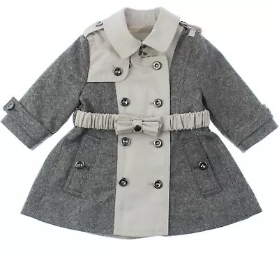 Burberry Toddler Girls Grey Wool Tweed Beige Cotton Bow Belt Trench Coat 18m • £124.99