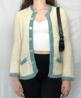 Vintage Cream & Blue Mohair Cardigan • $35