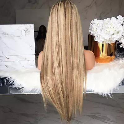 Womens Real Long Straight Hair Wigs Ladies Natural Ombre Blonde Cosplay Full Wig • £8.49