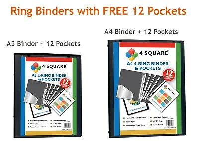 £19.99 • Buy A5/A4 Presentation Ring Binder + 12 Clear Pockets Black Strong Ring Binder NEW