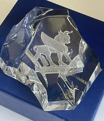 $50 • Buy Val St Lambert Winged Bull Crystal Mountain Paper Weight Figurine Signed ‘78 Box