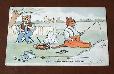 Original  Louis Wain Signed Anthropomorphic Cat Postcard - Fisherman`s Dream. • £16.99