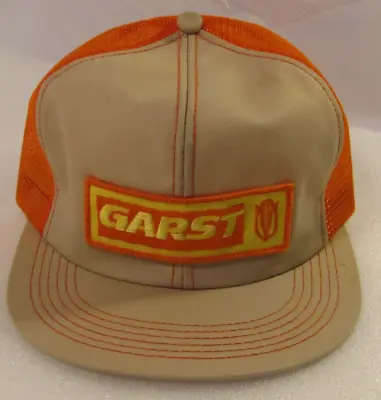 Garst Seeds Cap Mens Beige Orange Vtg Patch Logo Snapback Trucker Hat K-Products • $14.14