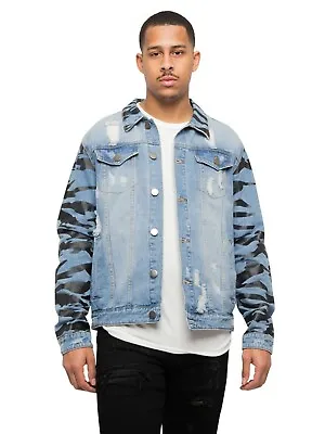 Victorious Men's Casual Distressed Tiger Camo Sleeve Denim Jean Jacket DK154EY • $49.95