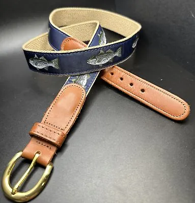 Men's Preston Nautical Blue Striper Fish Brown Leather & Tan Canvas Belt Size 40 • $19.99