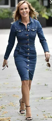Michelle Keegan Very Blue Denim Bodycon Midi Dress 8 Long Sleeve Stretch Button • £30.99