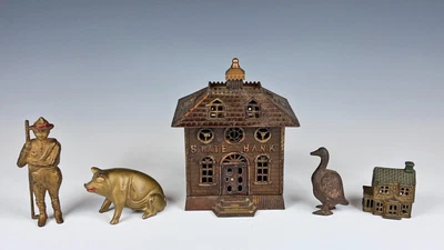 £0.80 • Buy Lot Of 5 Antique Old Cast Iron Still Banks State Bank Goose Pig Etc
