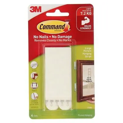 Command 3m Picture Hanging Strips White Large - 4 Pk No Tools Needed Holds 7.2kg • $16.60