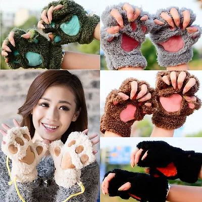 $6.99 • Buy Cool Women Girls Cat Claw Bear Paw Winter Plush Half Finger Warm Gloves Mittens
