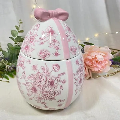 Easter Spring Ceramic Pink & White Floral Toile Egg Shape Cookie Jar 10  New • $39.99