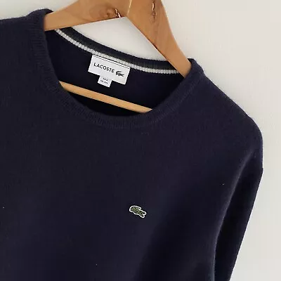 Lacoste Wool Jumper Size XL X Large Mens Navy Blue Knit Sweatshirt Pull Over • £34.95