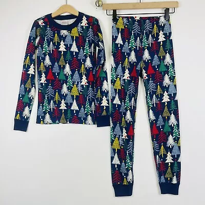 Hanna Andersson Blue Pine Trees Holiday Cotton Pajamas Two Piece Kids 130 8 NEW • $19.99