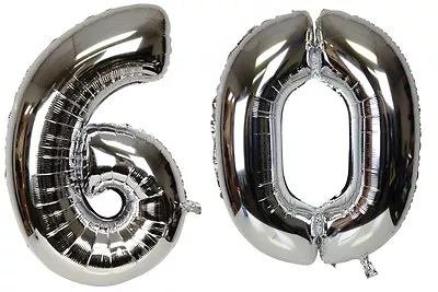 Large Number 60 Silver Balloons 60th Birthday Anniversary Foil Float Helium USA • $9.88