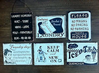 Retro Metal Signs Black And White Laundry Keep Calm Iced Tea House Rules Sewing  • £4.99