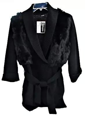 Fantazia Women's Black Rabbit Fur Trim Belted Long Cardigan Sweater Size L Large • $50