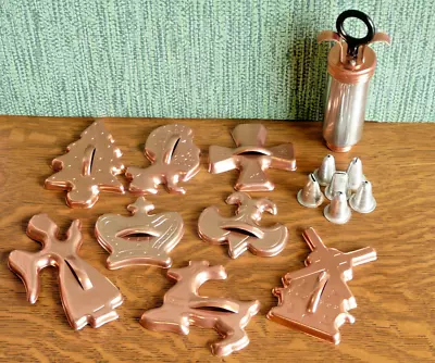 8 Aluminum Copper Tone Cookie Cutters Windmill Angel++ And Cookie Cake Decorator • $11.75