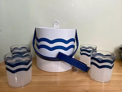 Vintage White Blue Mid Century Plastic / Vinyl Ice Bucket With 4 Cups And Tongs • $21.95