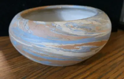 Vintage Swirl Pottery Bowl Evans Arts & Crafts 8  Blue Brown Cream • $45