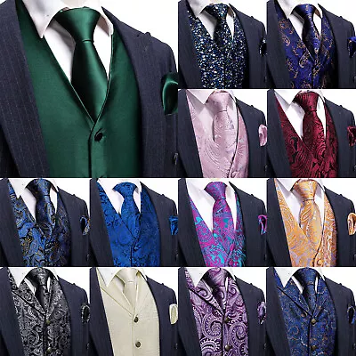 Paisley Floral Mens Waistcoat Dress VEST Necktie Suit Tuxedo Tie Hanky Cufflinks • $25.47