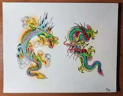 1980s ORIGINAL Vintage Ed Hardy Dragons Tattoo Flash Sheet Hand Colored 3 • $109.99