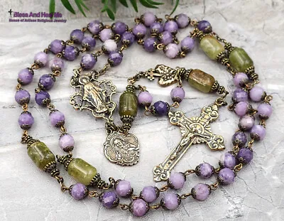 Miraculous Mary Sacred Heart Lepidolite Green Garnet Vintage Bronze Rosary • $179