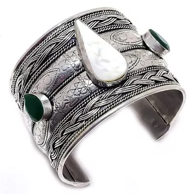 Mother Of Pearl Onyx Gemstone 925 Sterling Silver Cuff Bracelet Adjustable • $23.75