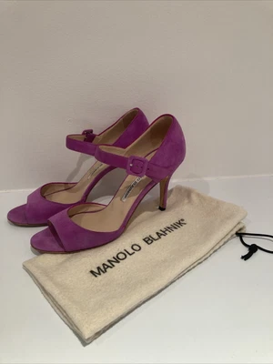 £128 • Buy MANOLO BLAHNIK Magenta Pink Suede Caldo Peep Toe Mary Jane Shoes Size 38/UK5