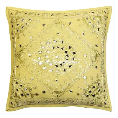Indian Cotton Throw Pillow Cover Yellow 16 Inch Embroidered Mirror Cushion Cover • $12.74